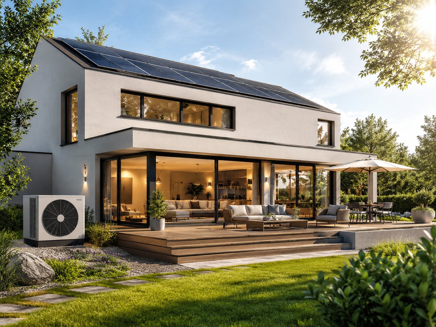 Modernes Haus mit Photovoltaik und Wärmepumpe